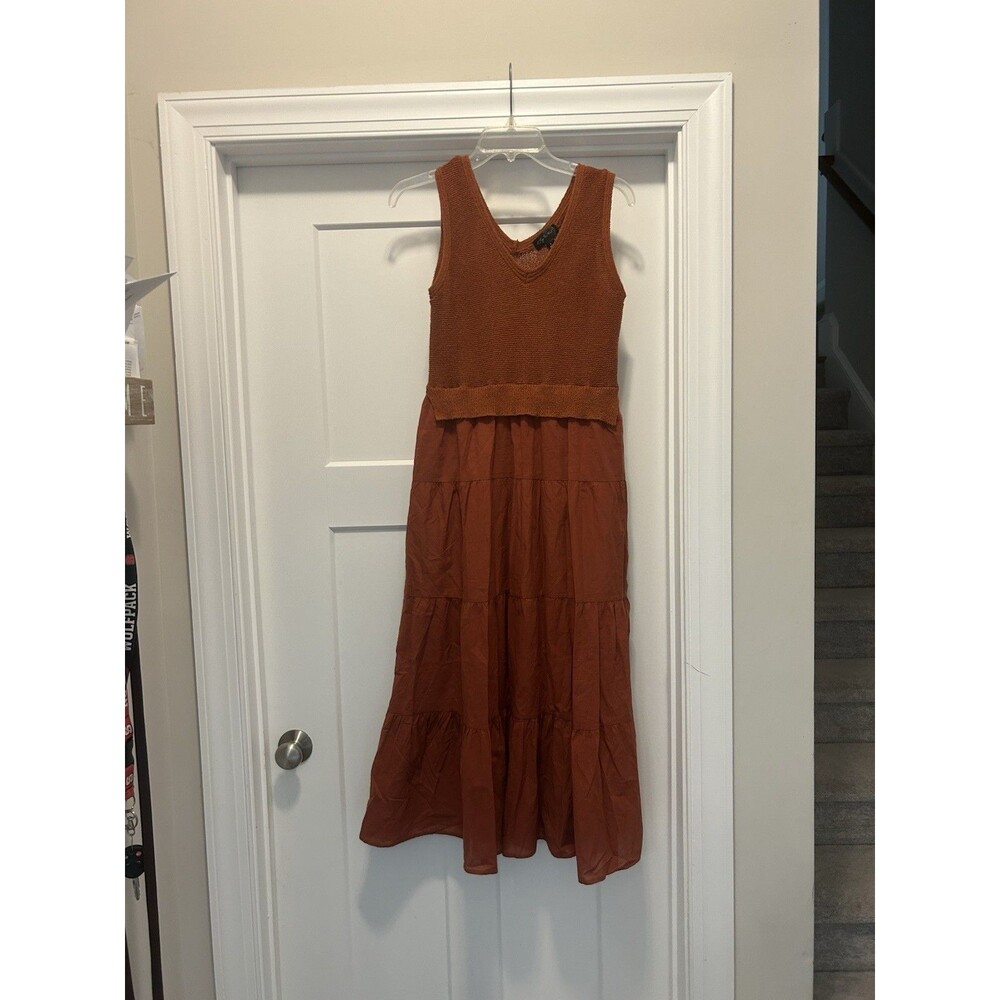 Women Rust Orange Knit Tank Woven Cotton Skirt Tier Ruffle Maxi Dress Size Large